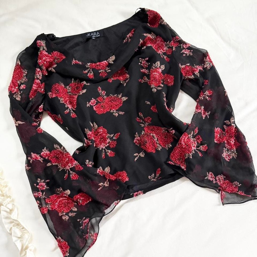 black floral beaded blouse  90s black sheer floral blouse‎ Jkara size xl